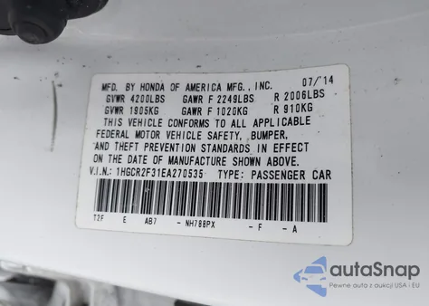 2014 Honda Accord Lx from USA, damaged, VIN 1HGCR2F31EA270535